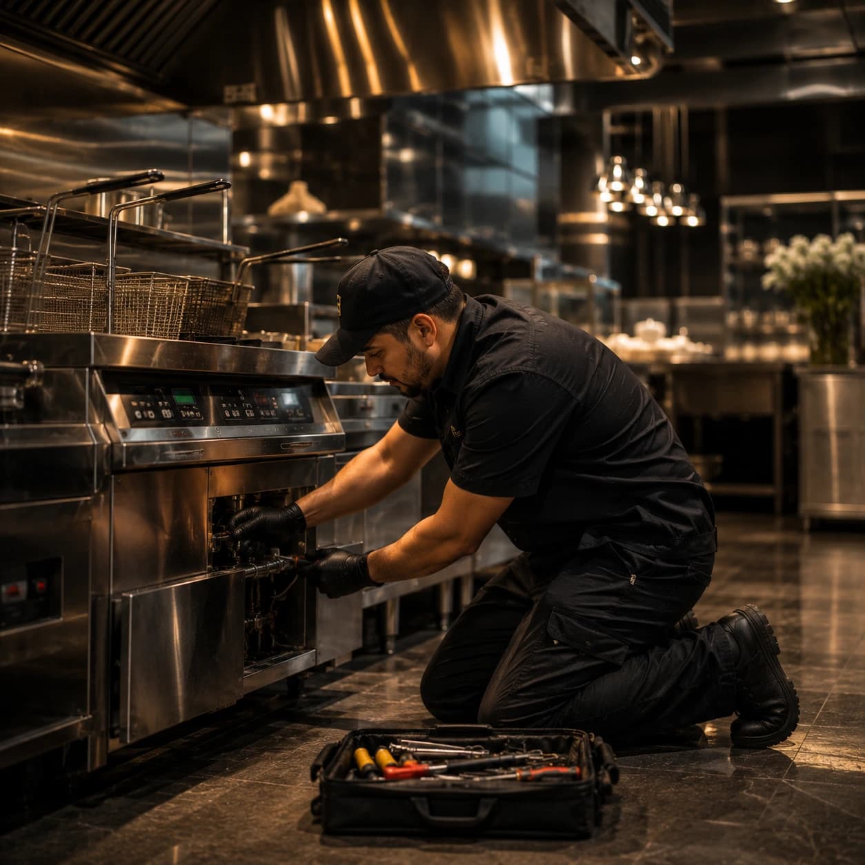 Technician repairing a commercial fryer in a luxury restaurant kitchen