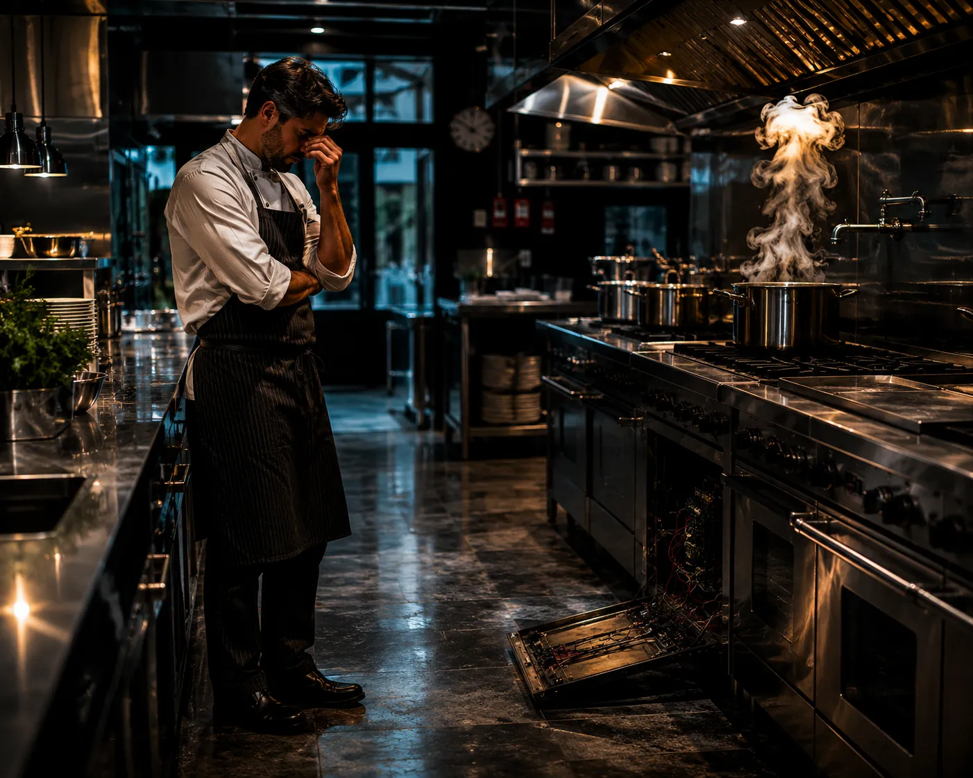 Chef in a luxury commercial kitchen facing paused operations from an equipment failure