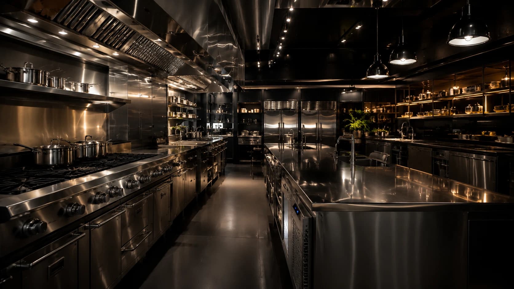 Luxury Michelin-star commercial restaurant kitchen with brushed stainless-steel cooking line in Houston
