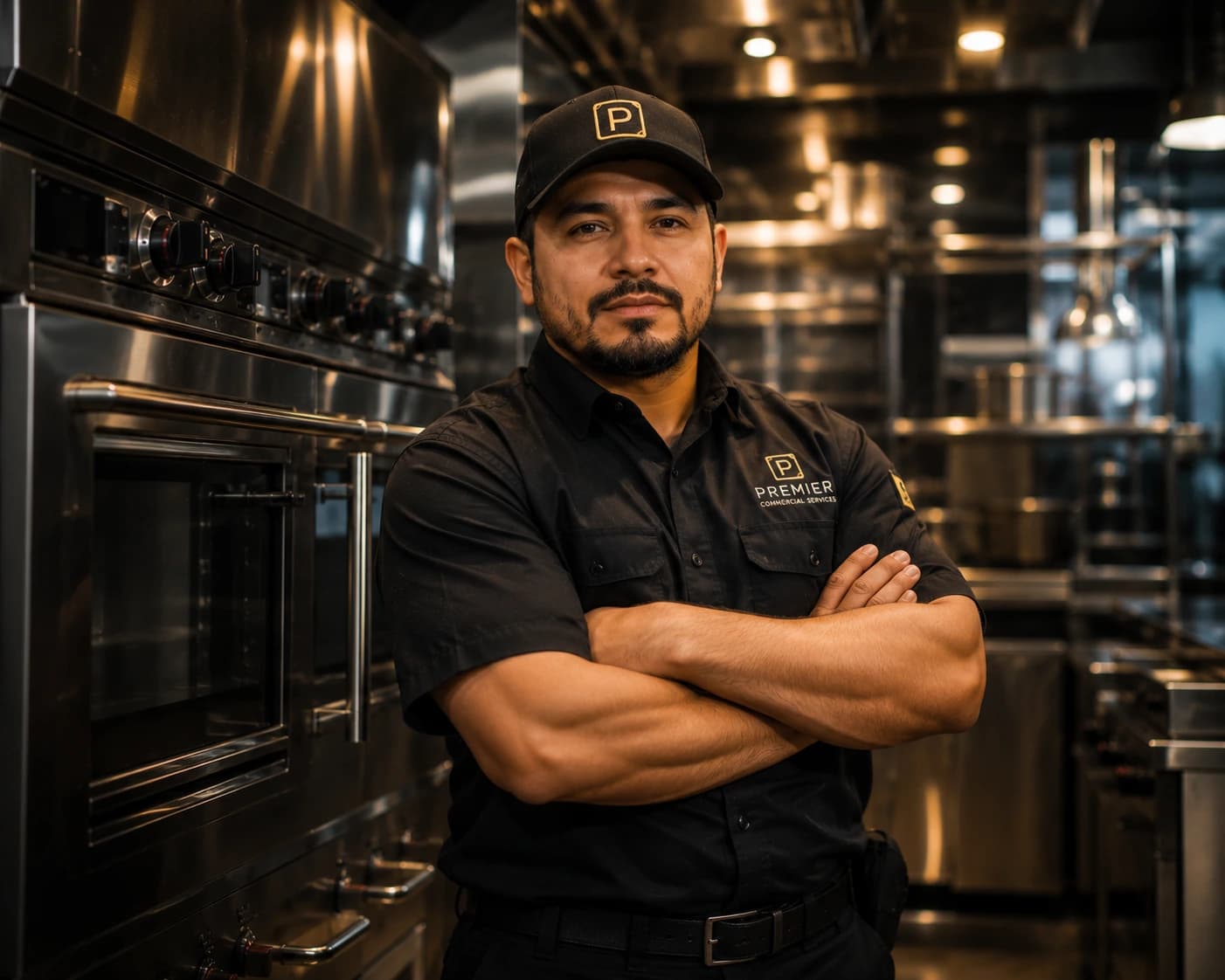 Houston Texas skyline at sunset blended with a luxury commercial kitchen atmosphere