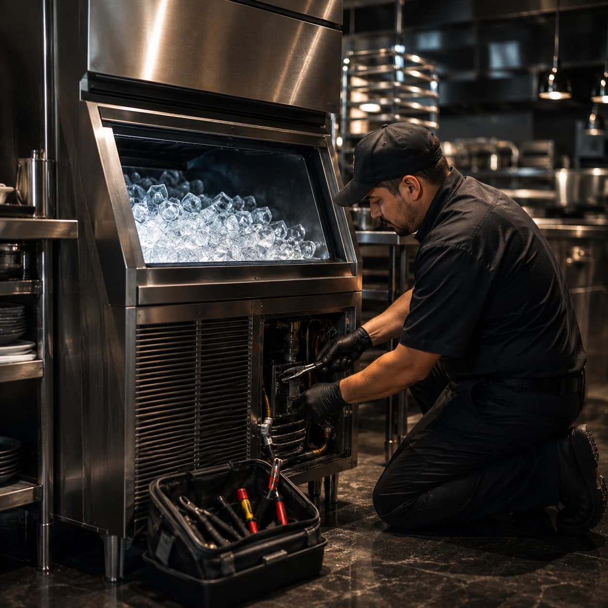 Luxury commercial ice machine producing crystal clear ice during maintenance